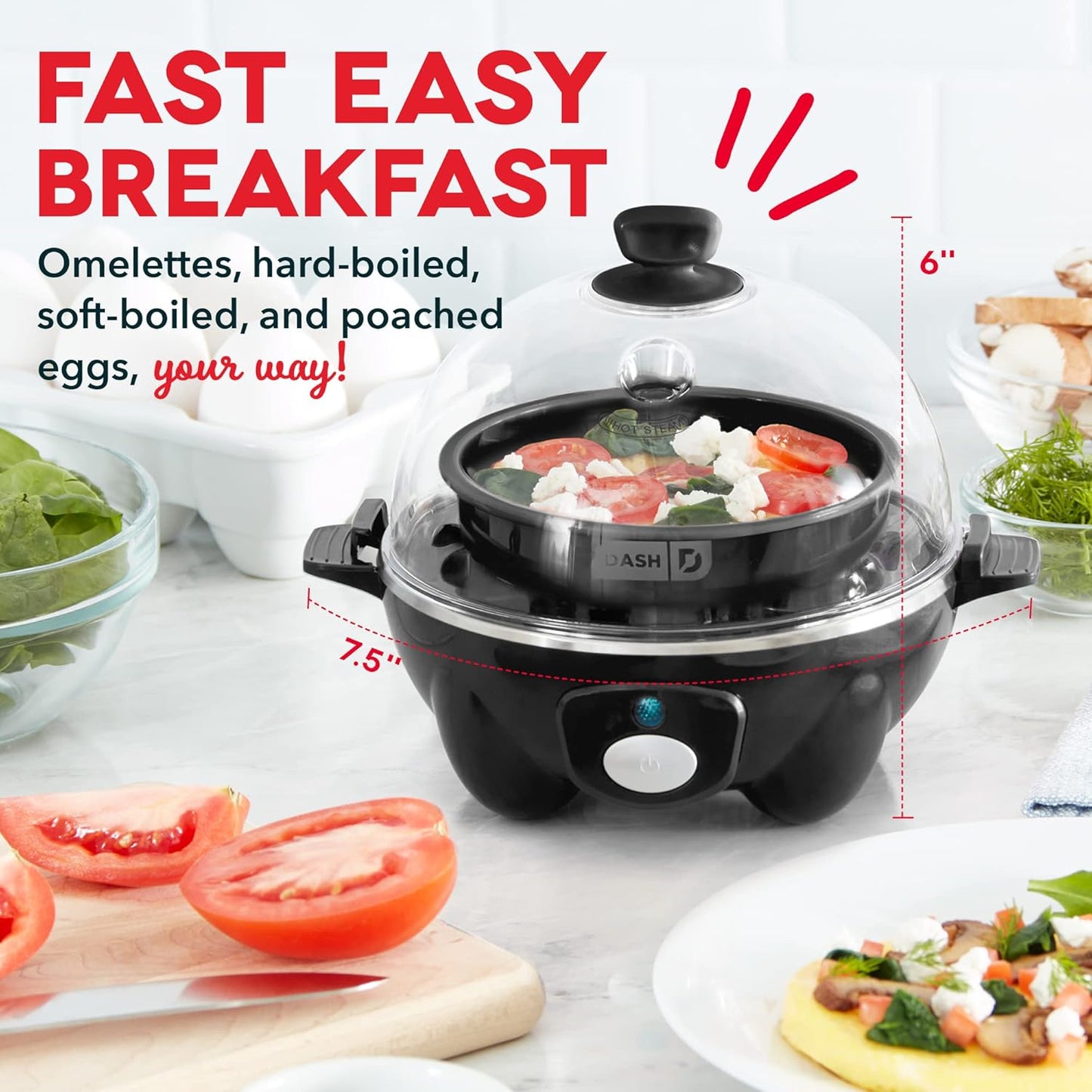 "DASH Rapid Egg Cooker, 6-Egg Capacity, Black - Hard Boiled, Poached, Scrambled, Omelets"