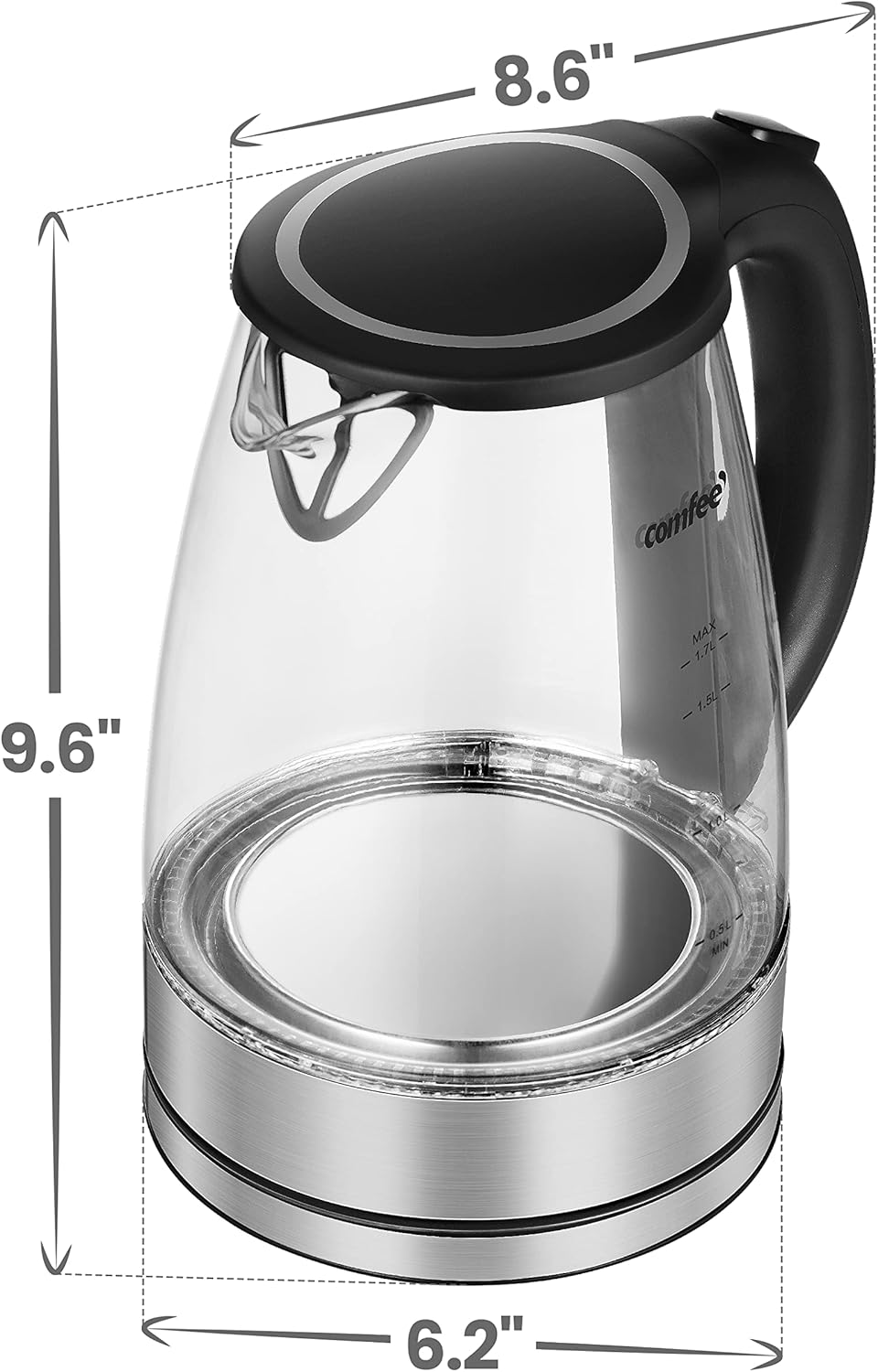 "COMFEE' 1.7L Glass Electric Tea Kettle, 1500W Fast Boil, LED Indicator, Auto Shut-Off"