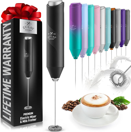 "Zulay Kitchen Milk Frother Wand, Stainless Steel, Battery-Operated for Coffee, Lattes, Matcha - Black"