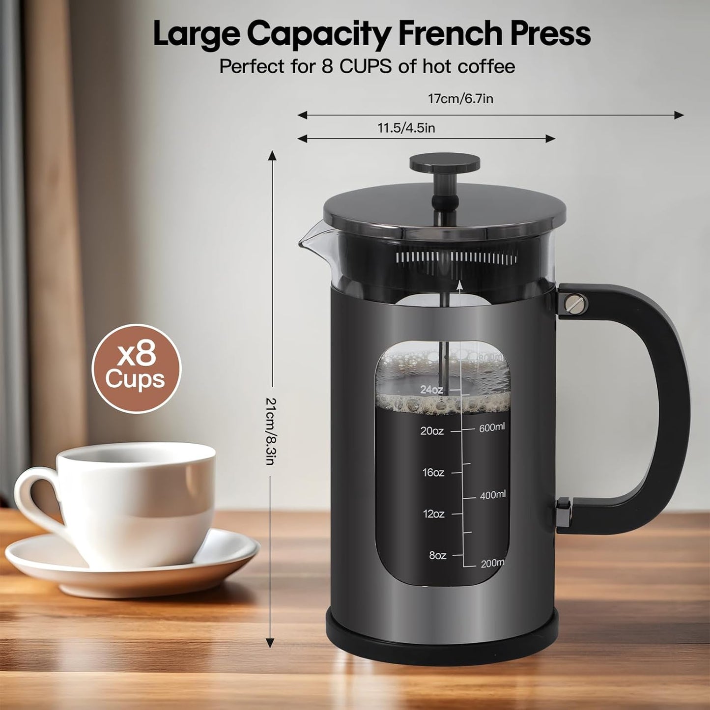 Panana 34oz French Press, Borosilicate Glass, Stainless Steel (Dark Pewter)