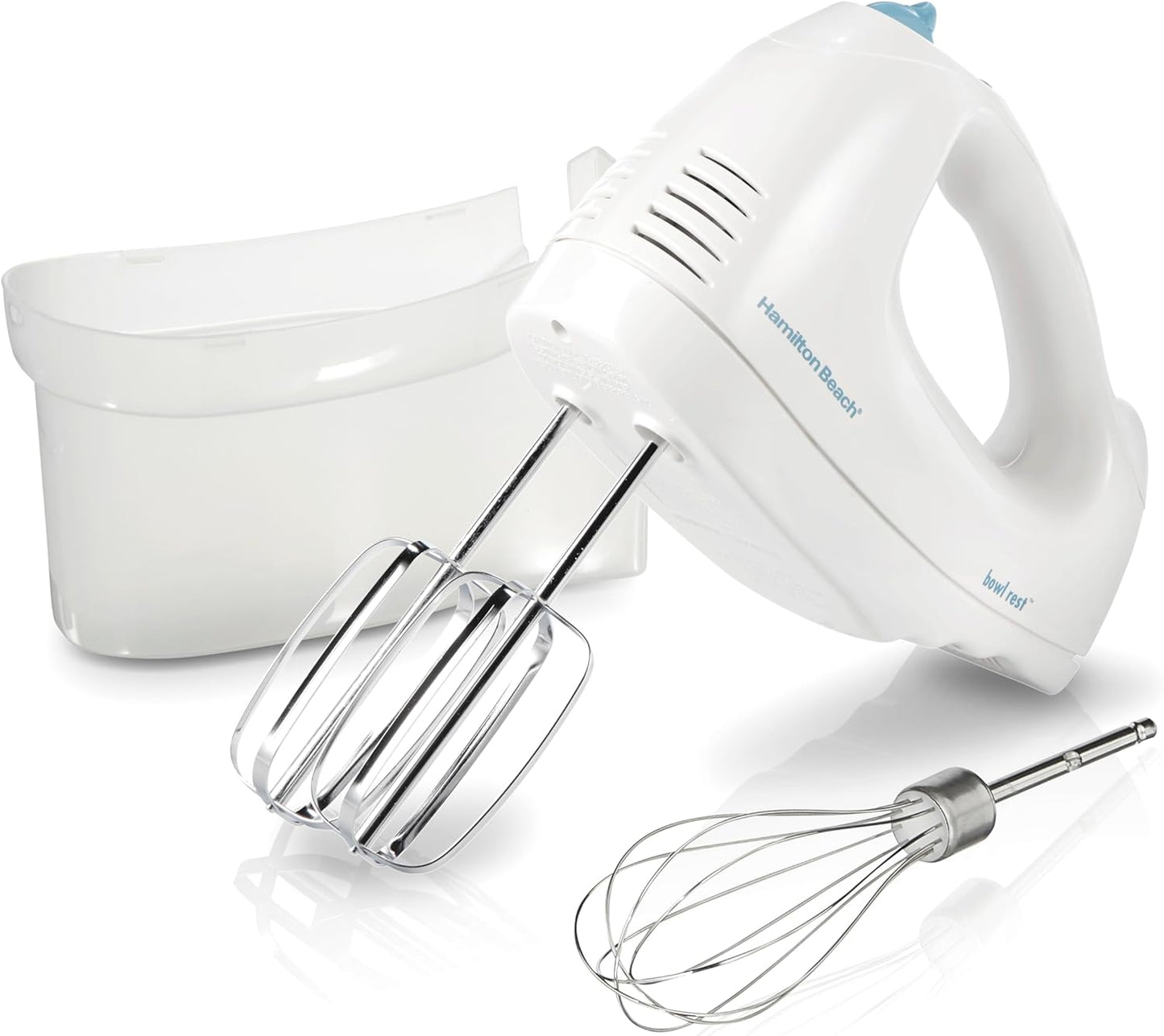 Hamilton Beach 6-Speed Electric Hand Mixer with Whisk, Traditional Beaters, Snap-On Storage Case, 250 Watts, White