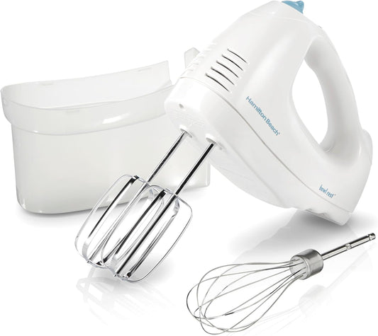 Hamilton Beach 6-Speed Electric Hand Mixer with Whisk, Traditional Beaters, Snap-On Storage Case, 250 Watts, White