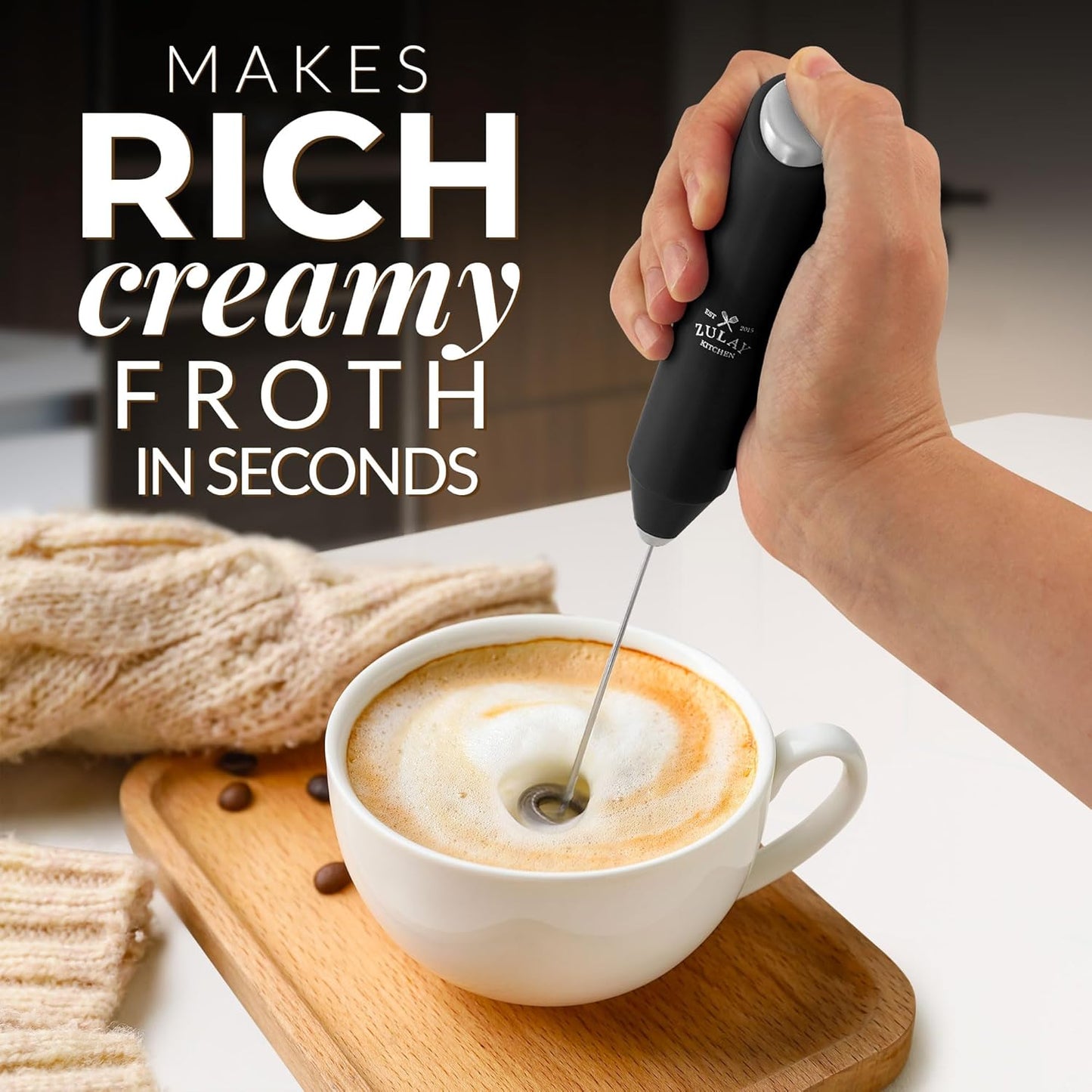 "Zulay Kitchen Milk Frother Wand, Stainless Steel, Battery-Operated for Coffee, Lattes, Matcha - Black"