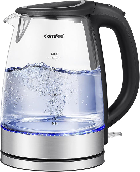 "COMFEE' 1.7L Glass Electric Tea Kettle, 1500W Fast Boil, LED Indicator, Auto Shut-Off"