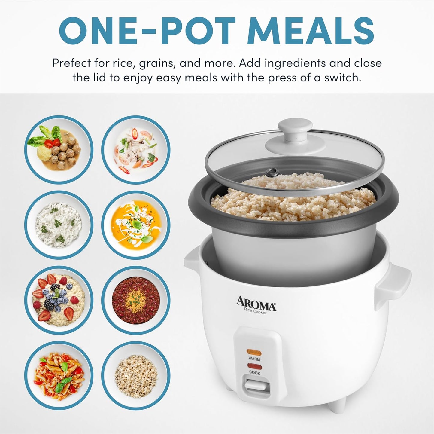 Aroma 6-Cup (Cooked) One-Touch Rice Cooker, 1.5 Qt, White (ARC-363NG)