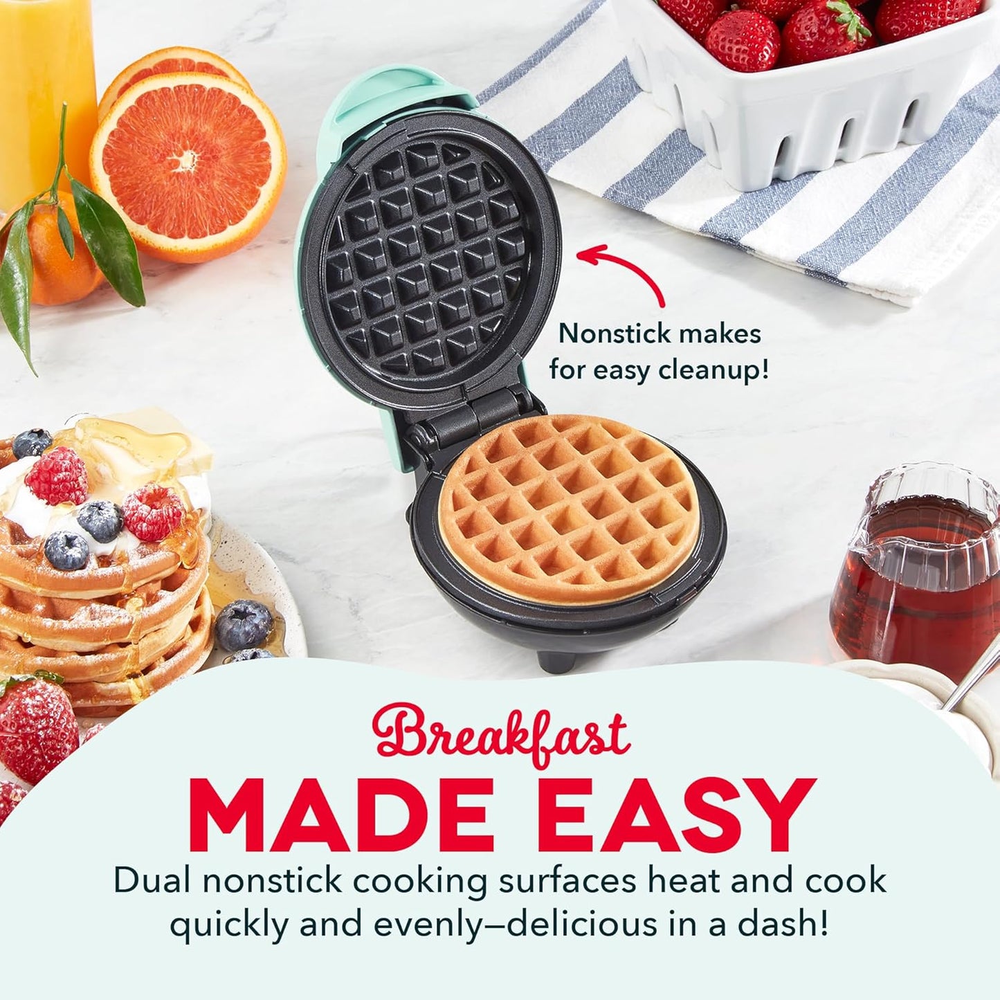 DASH Mini Waffle Maker, 4” Nonstick Waffle Iron, Quick Heat-Up, Aqua