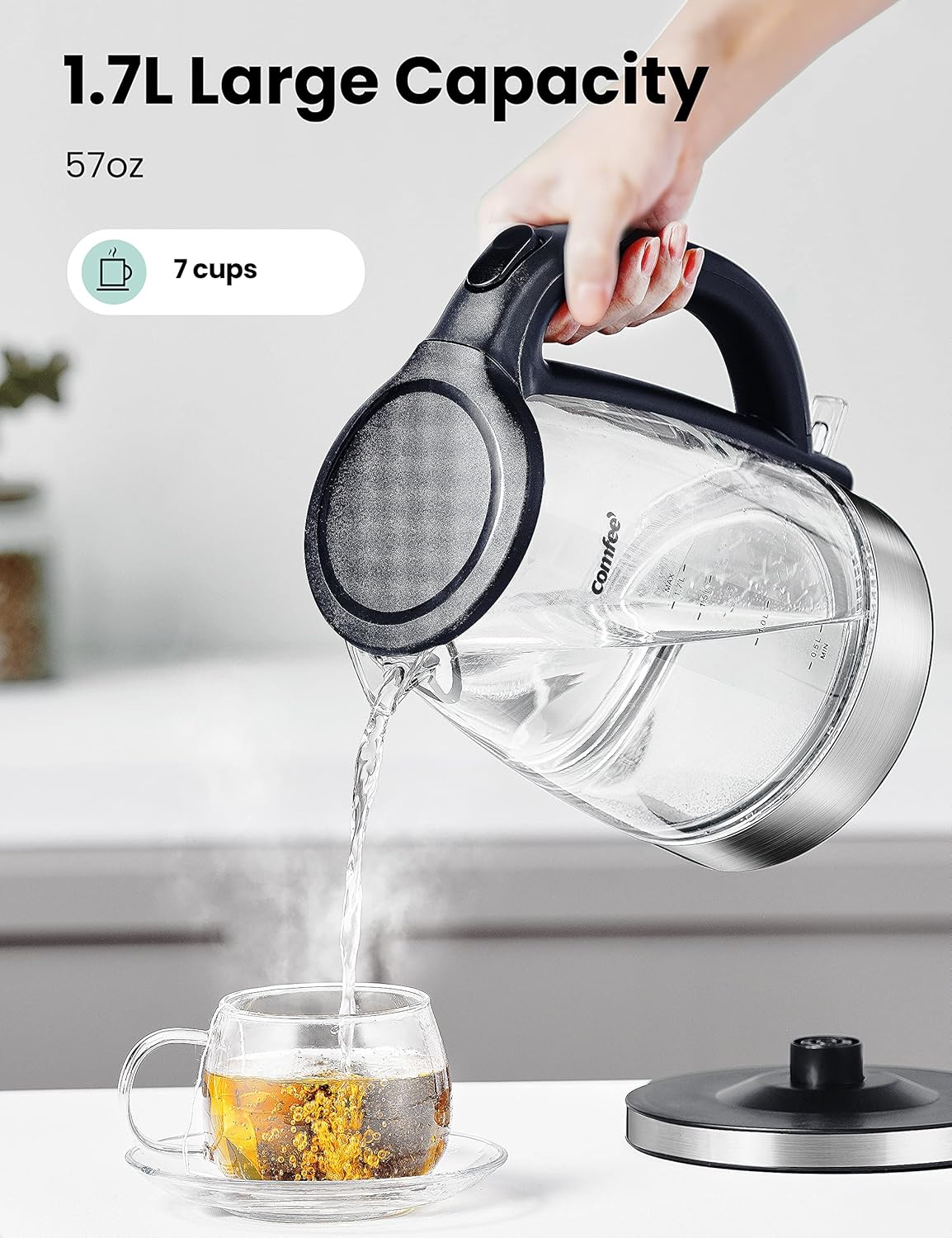 "COMFEE' 1.7L Glass Electric Tea Kettle, 1500W Fast Boil, LED Indicator, Auto Shut-Off"